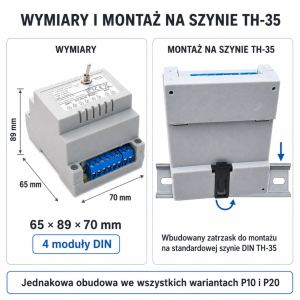 Sposób montażu i wymiary przełącznika P10 i P20